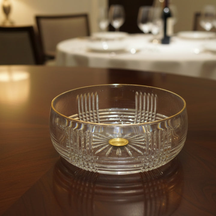 Decorative glass bowl on a table with a blurred background
