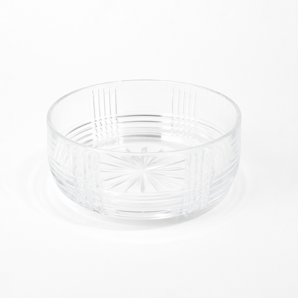 Clear glass bowl with textured design on a white background