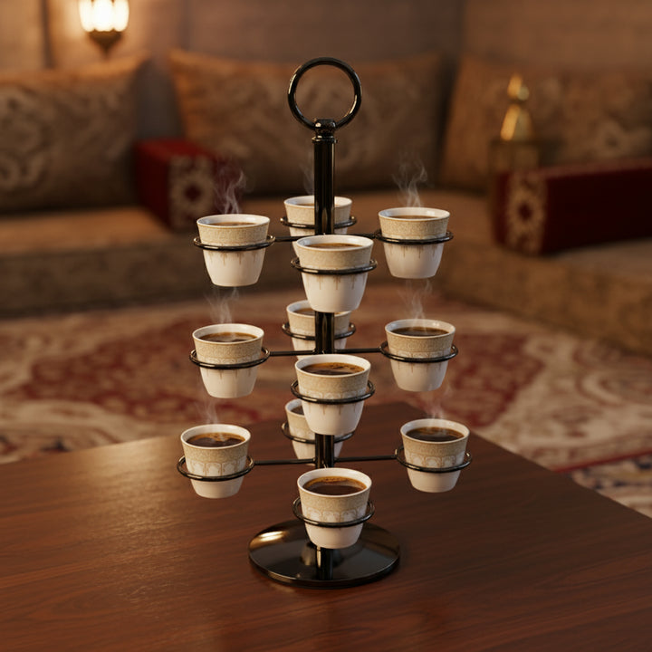Coffee cup stand with multiple cups on a wooden table in a cozy living room setting.