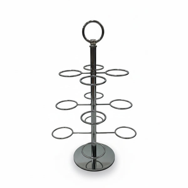 Chrome metal drink holder with circular shelves on a white background
