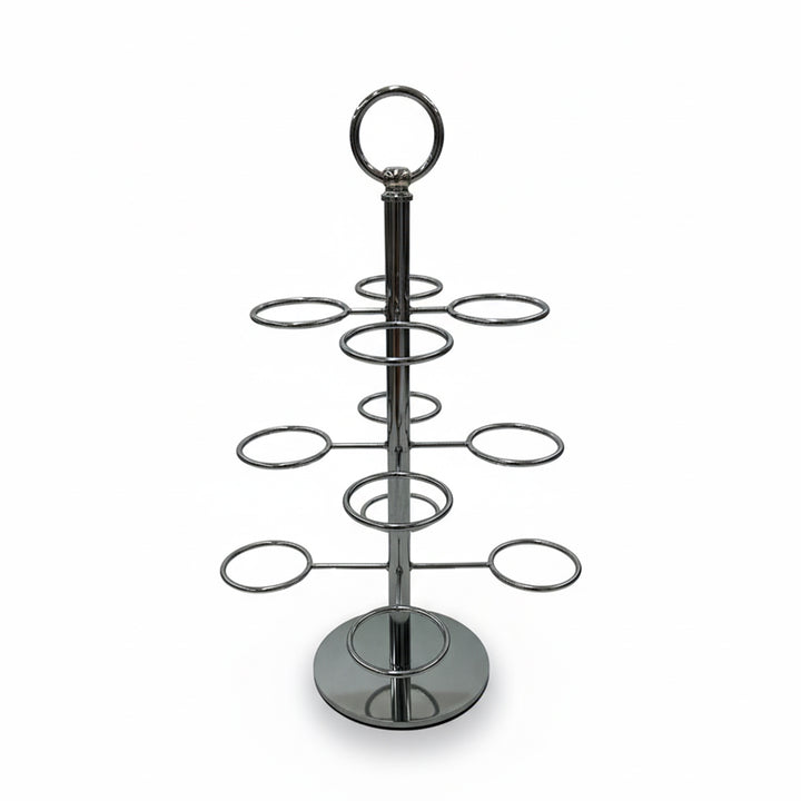 Chrome metal drink holder with circular shelves on a white background