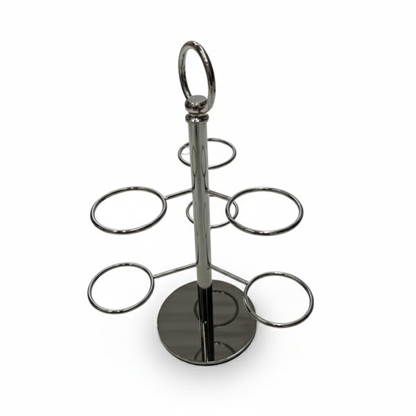 Metal ring stand with multiple circular shelves on a white background