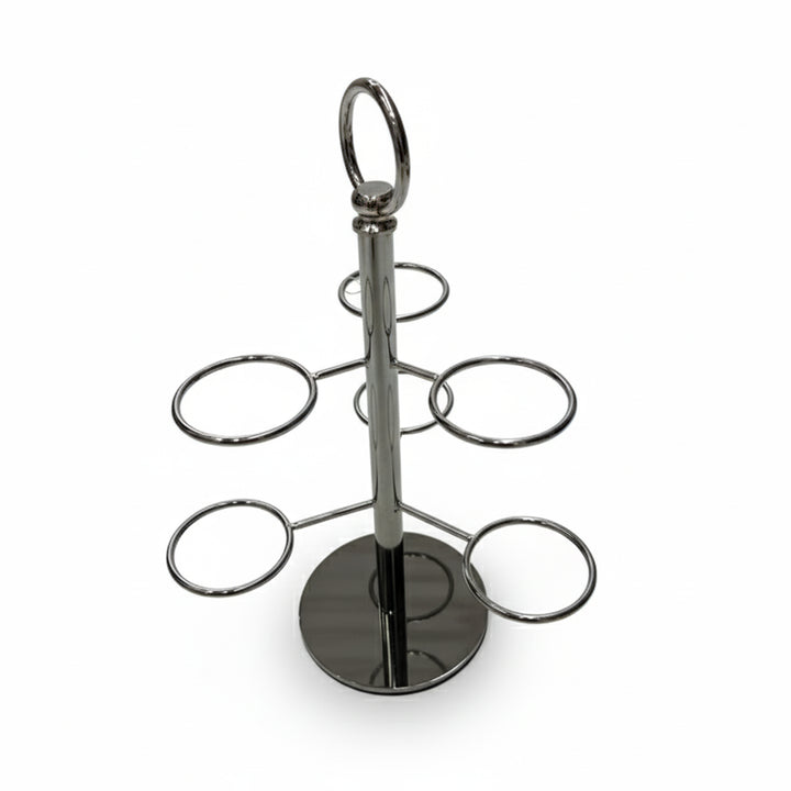 Metal ring stand with multiple circular shelves on a white background