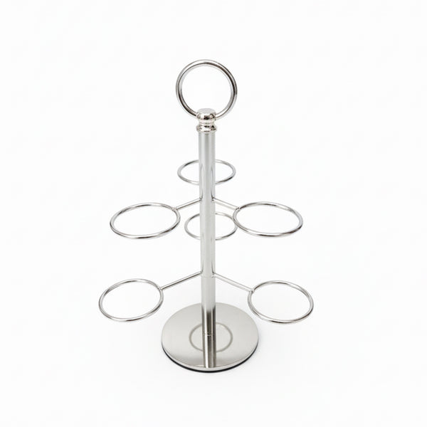 Metal cupcake stand with multiple circular shelves on a white background