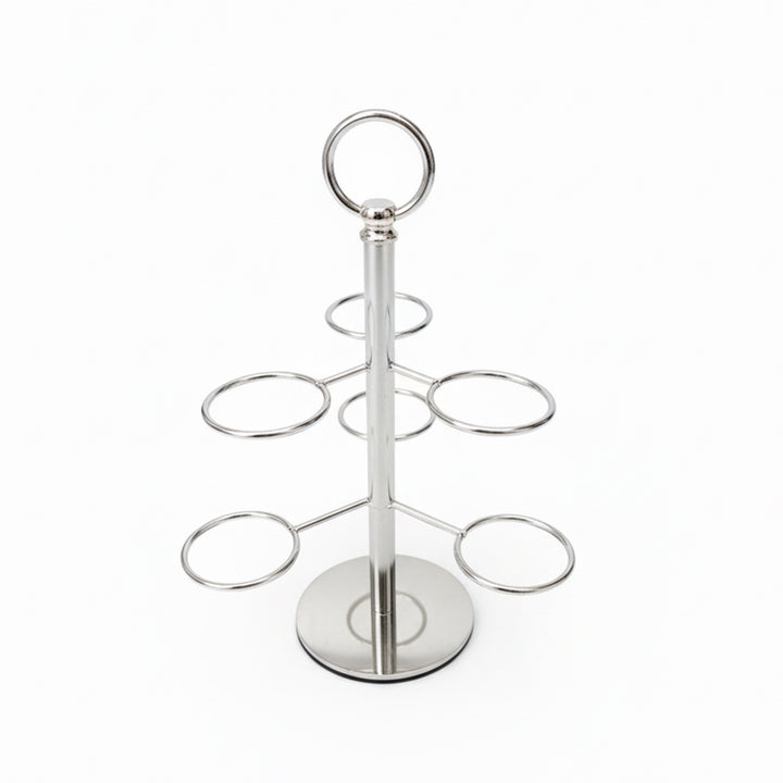 Metal cupcake stand with multiple circular shelves on a white background