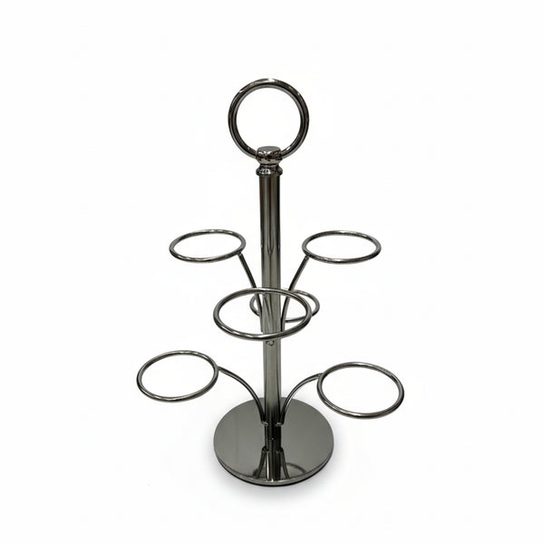 Metal drink holder with multiple circular shelves on a white background