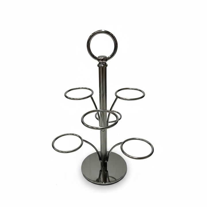 Metal drink holder with multiple circular shelves on a white background
