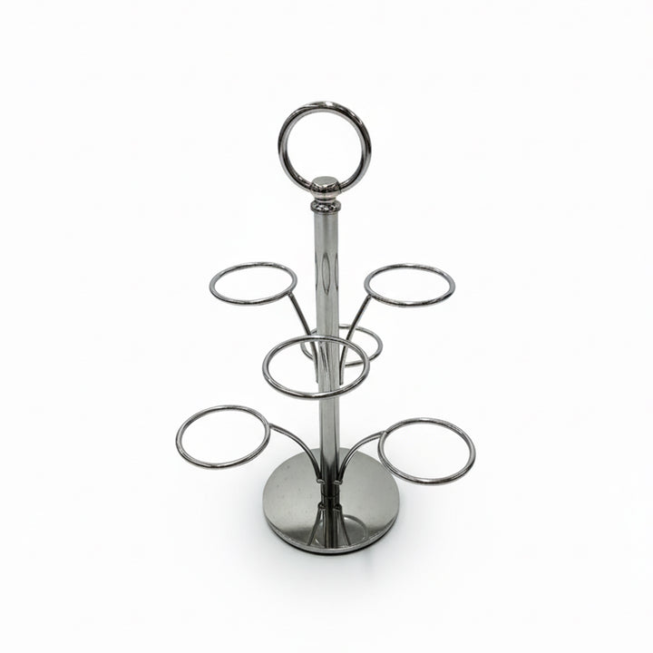 Metal drink holder with multiple circular shelves on a white background