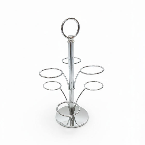 Metallic stand with multiple circular hooks on a white background