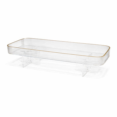 HO-927-MG acrylic cake plate with legs clear rectangular dessert serving stand with gold rim from Siddiq Gift Shop.