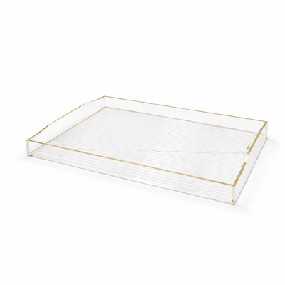 HO-934A-SG acrylic rectangular serving tray with gold trim clear tray 41 cm from Siddiq Gift Shop.