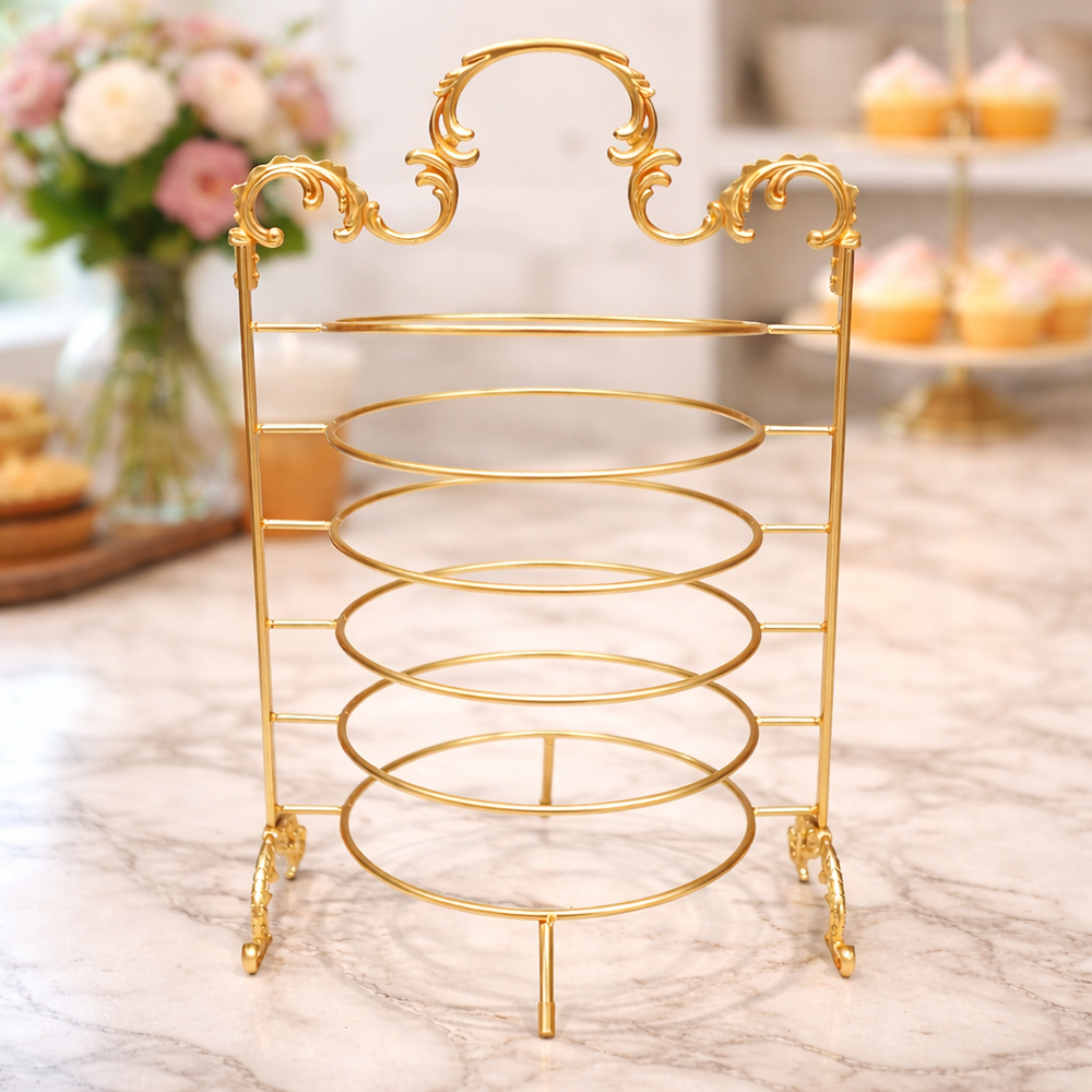 HO-987B-S-MG 6-layer metal plate holder in gold finish for buffet plate organization – Siddiq Gifts Mussafah Abu Dhabi