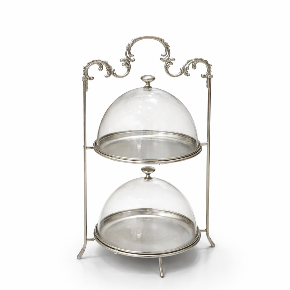 HO-990B-S-2NS 2-Tier Round Metal Cake Stand with Clear Dome Lids – 21cm (D) – Silver Finish