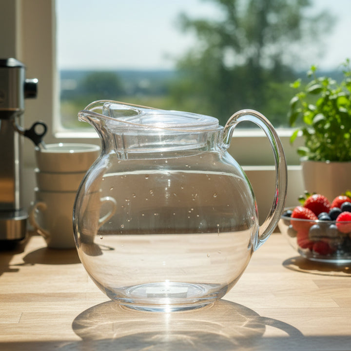 Clear glass teapot on a kitchen counter with a view of greenery outside.