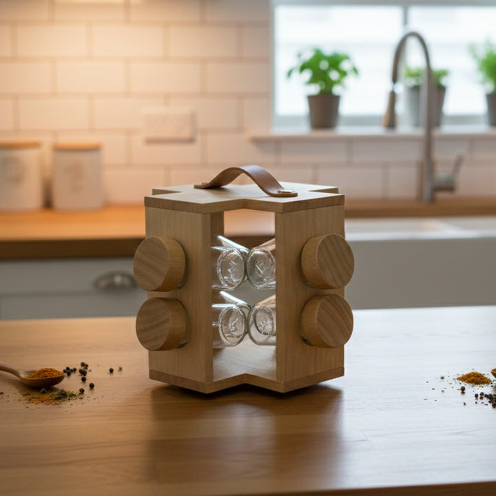 Wooden pepper grinder on a kitchen counter with a blurred background