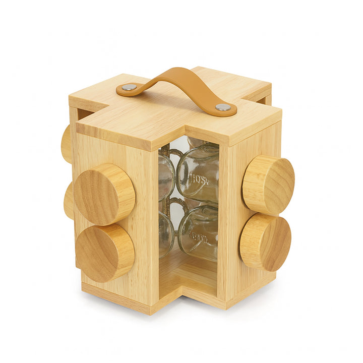 Wooden box with glass jars inside on a white background