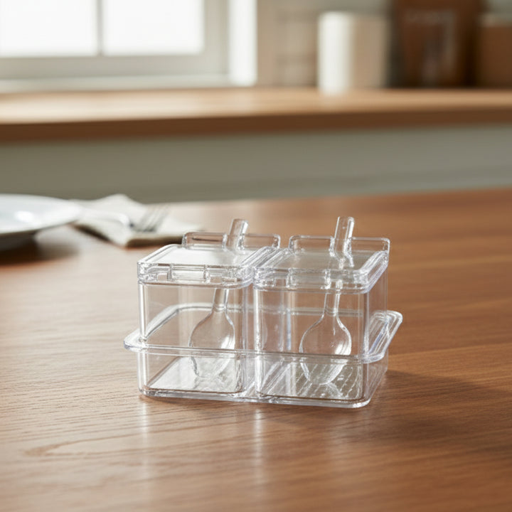 Clear plastic container with compartments on a wooden surface
