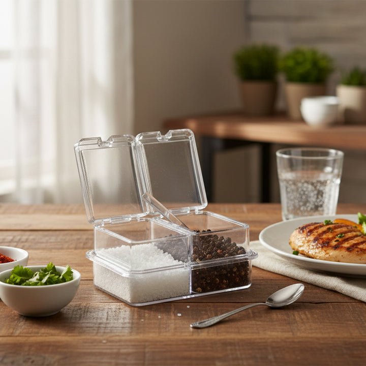 Clear salt and pepper shaker set on a wooden table with a plate of food and glasses in the background.
