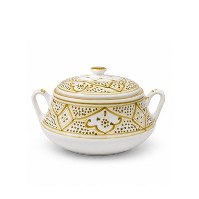 Elegant White Jasmin Green Molokhia Ceramic Soup Tureen Set Measuring 25 Cm, Featuring An Olive Green And Gold Decorative Design And Ideal For Serving Molokhia, Soups, Stews, And Traditional Dishes At Siddiq Gifts.