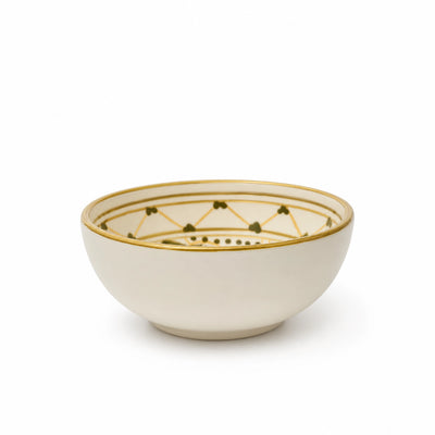 Elegant White Jasmin Sunrise Green Molokhia Ceramic Bowl Measuring 13 Cm, Featuring An Olive Green And Gold Decorative Design And Ideal For Serving Molokhia, Soups, Salads, Rice, Snacks, And Side Dishes At Siddiq Gifts.