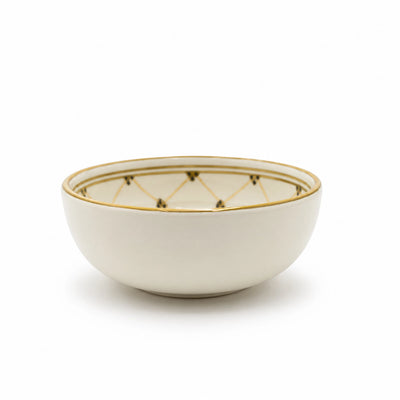 Elegant White Jasmin Sunrise Green Molokhia Ceramic Bowl Measuring 16 Cm, Featuring An Olive Green And Gold Decorative Design And Ideal For Serving Molokhia, Soups, Salads, Rice, Snacks, And Side Dishes At Siddiq Gifts.
