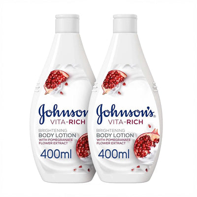Johnson’s Vita-Rich Brightening Body Lotion With Pomegranate Flower Extract In A 2 × 400 Ml Value Pack, Designed To Moisturize And Soften The Skin While Supporting A Brighter And More Radiant Looking Appearance At Siddiq Gifts.