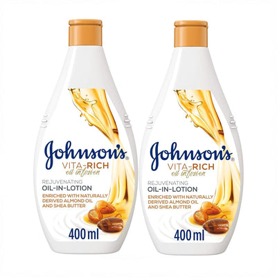 Johnson’s Vita-Rich Rejuvenating Oil-In-Lotion With Almond Oil And Shea Butter In A 2 × 400 Ml Value Pack, Designed To Moisturize, Nourish, And Soften The Skin For Everyday Body Care At Siddiq Gifts.
