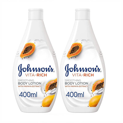 Johnson’s Vita-Rich Smoothing Body Lotion With Papaya Extract In A 2 × 400 Ml Value Pack, Designed To Moisturize, Soften, And Smooth The Skin For Everyday Body Care At Siddiq Gifts.