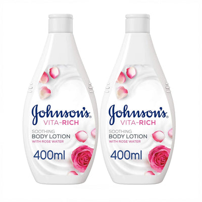 Johnson’s Vita-Rich Soothing Body Lotion With Rose Water In A 2 × 400 Ml Value Pack, Designed To Moisturize, Soothe, And Soften The Skin For Everyday Body Care At Siddiq Gifts.
