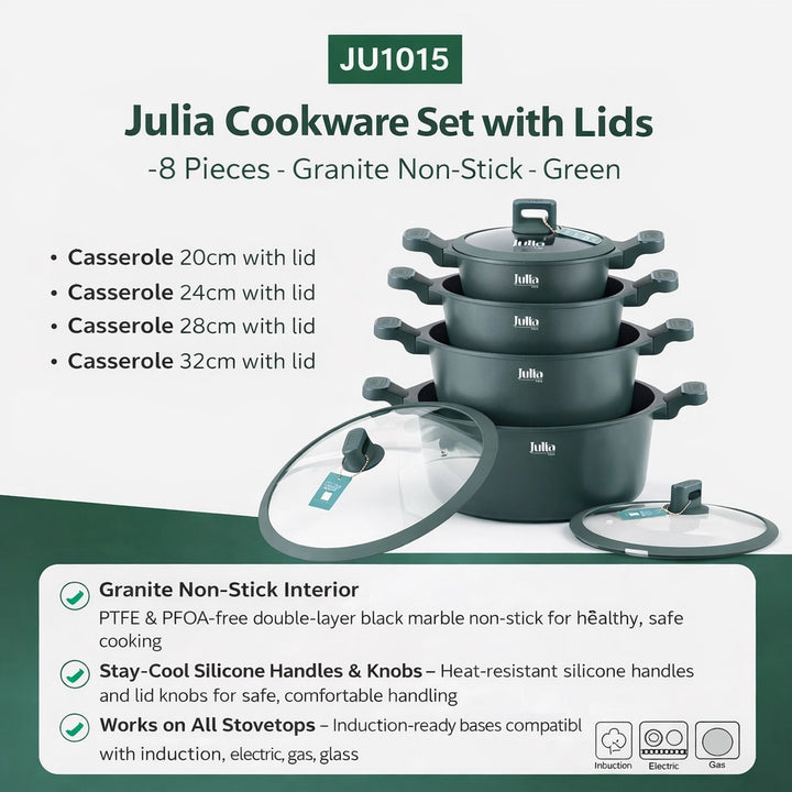 Julia Cookware Set with Lids 8 Pieces Granite Non-Stick Green | Siddiq ...