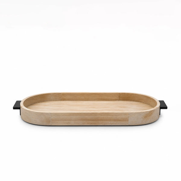 Large Oval Wooden Serving Tray with Metal Side Handles, 50 × 28 cm, in Natural Brown and Black for Serving Tea, Coffee, Snacks, Desserts, and Everyday Meals at Siddiq Gifts.