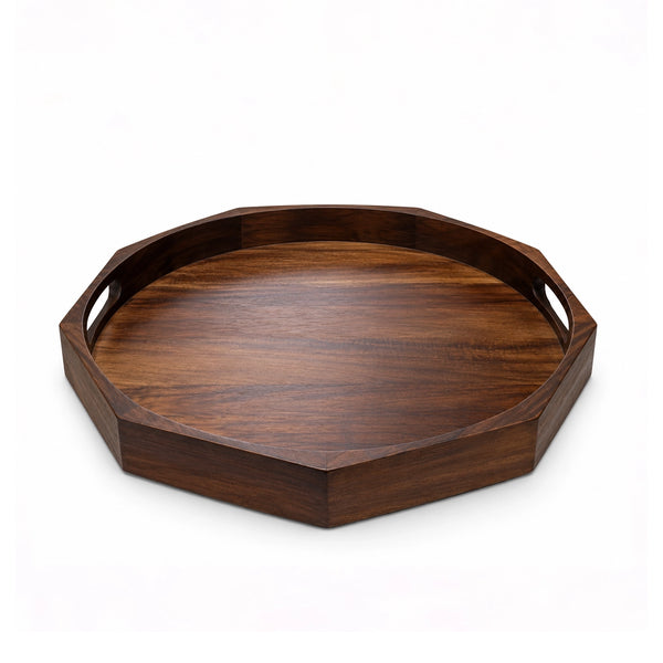 Large Round Wooden Serving Tray with Cutout Handles, 45 cm, in Brown for Serving Tea, Coffee, Snacks, Desserts, and Everyday Meals at Siddiq Gifts.