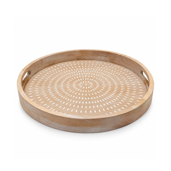 Large Round Wooden Serving Tray with Cutout Handles, 45 cm, in Natural Brown and White for Serving Tea, Coffee, Snacks, Desserts, and Everyday Meals at Siddiq Gifts.