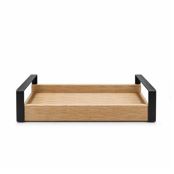 Large Wooden Serving Tray with Metal Side Handles, 40 × 26 cm, in Natural Brown and Black for Serving Tea, Coffee, Snacks, Desserts, and Everyday Meals at Siddiq Gifts.