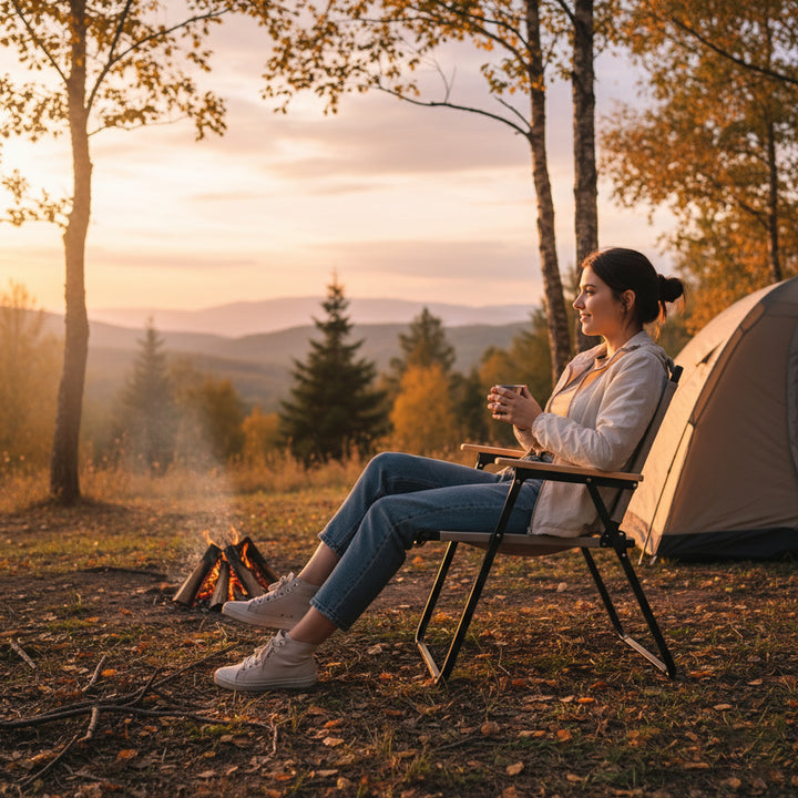 Woman sitting by a tent and campfire in a forest at sunset