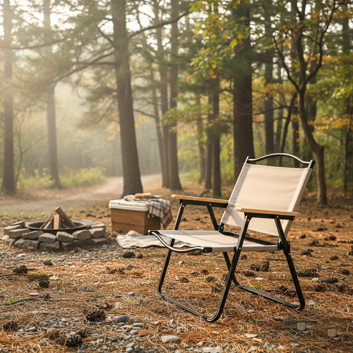Foldable chair in a forest setting with a fire pit and cooler.