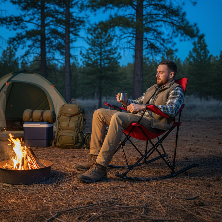 Man sitting by a campfire at night with a tent and backpack in the background.