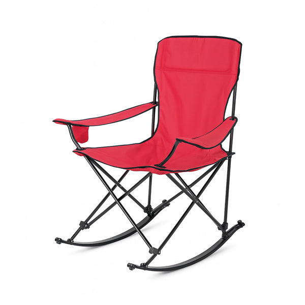Red folding rocking chair with black metal frame on a white background