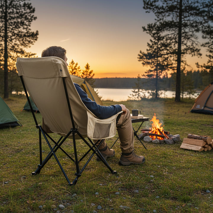 Person sitting in a folding chair by a campfire with a scenic sunset over a lake.