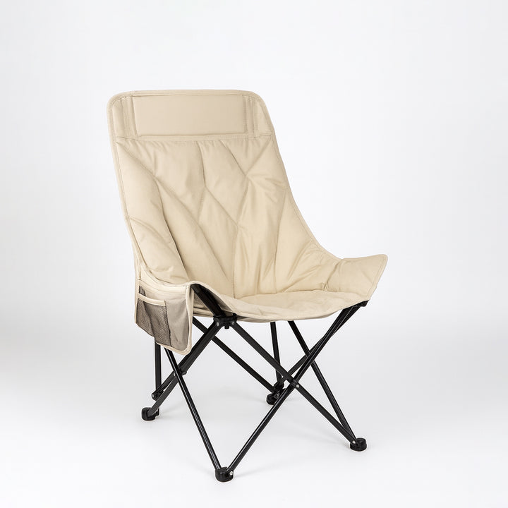 Beige folding chair with black metal frame on a white background