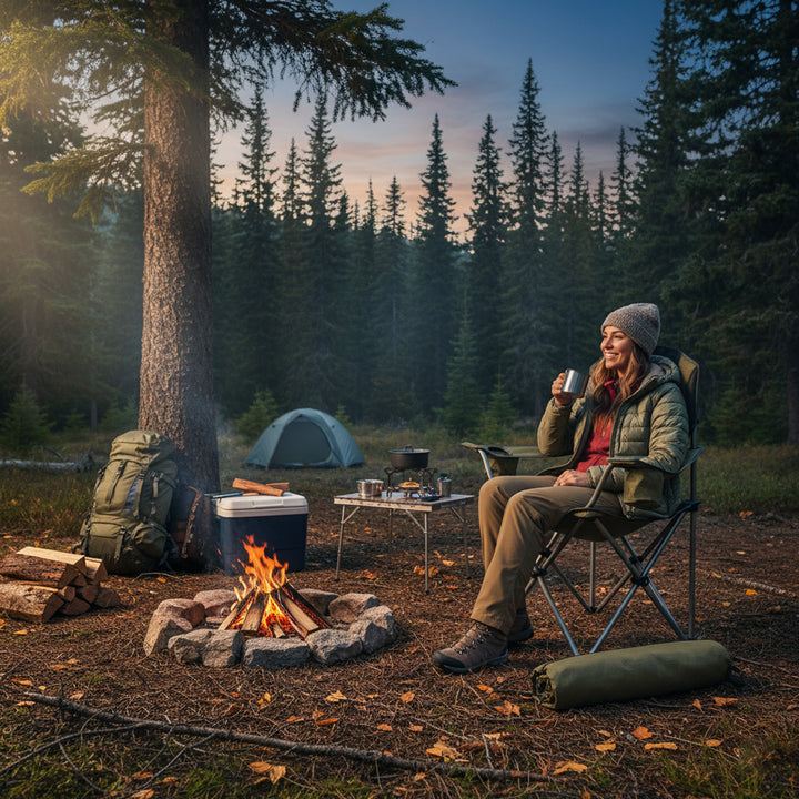 Person sitting by a campfire in a forest with a tent and backpack nearby.