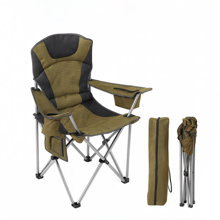 Brown camping chair with armrest and cup holder, accompanied by a carrying bag on a white background.