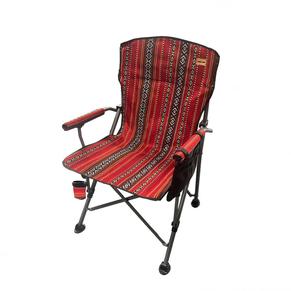 Red patterned folding chair on a white background