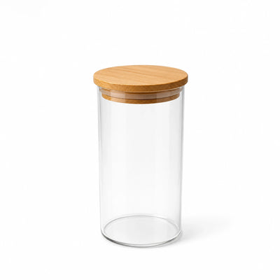 L&L Glass Storage Jar With Wooden Lid 18 x 9 CM Airtight Kitchen Container Siddiq Gifts
