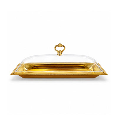 Elegant Long Serving Tray With A Clear Acrylic Lid And Gold Finish, Measuring 29 × 14.5 Cm And Ideal For Presenting Sweets, Dates, Chocolates, And Snacks At Siddiq Gifts.