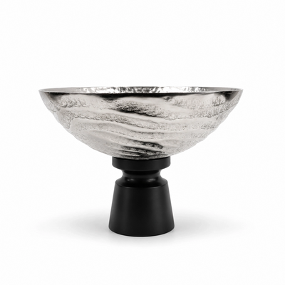 Luhpar Aluminium Round Bowl 25.5 × 19 CM Wave Texture with Black Wooden Base Siddiq Gifts