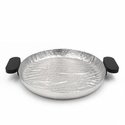 Luhpar Aluminium Round Tray Large 35.5 × 4 cm Wave Texture With Black Wooden Handles Siddiq Gifts