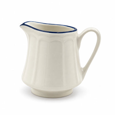 Luhpar Ceramic Milk Jug With A 10 Oz Capacity, Embossed Lotus Design, And Blue Rim, Ideal For Serving Milk, Cream, Sauces, And Table Beverages At Siddiq Gifts.