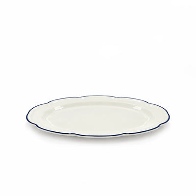 Luhpar Ceramic Oval Serving Plate Measuring 35.8 Cm With An Embossed Lotus Design And Blue Rim, Ideal For Serving Rice, Meat, Appetizers, Desserts, And Shared Dishes At Siddiq Gifts.