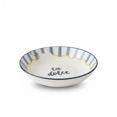 Luhpar Ceramic Soup Plate Measuring 20 Cm With A La Dolce Vita Decal, Blue Striped Rim, And Yellow Wavy Border, Ideal For Serving Soups, Pasta, Curries, Rice, And Everyday Dishes At Siddiq Gifts.